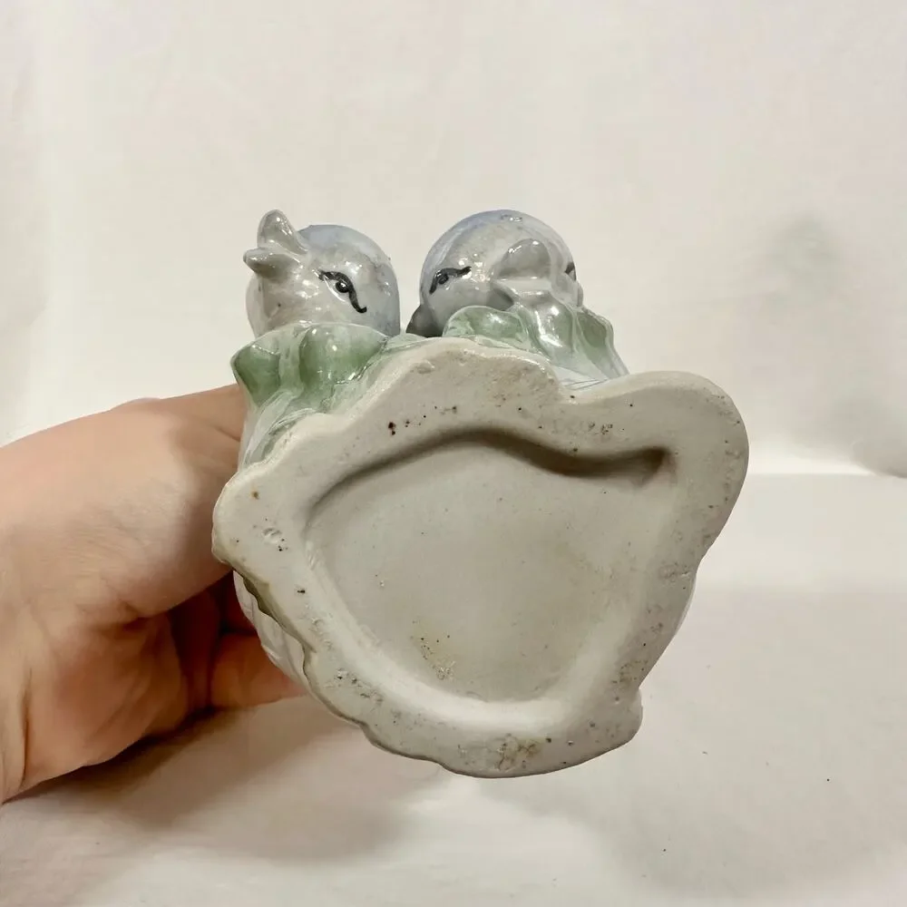 VTG Ceramic Iridescent Blue Sea Ocean Wave 2 Dolphins Scallop Shell Bud Vase